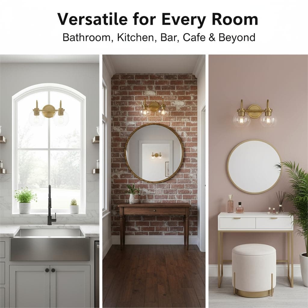 OUVR Gold Vanity Light – 2 Light Bathroom Fixture with Clear Glass Shades, Modern Wall Sconce for Mirror, Vanity Lighting for Bathroom Bedroom Hallway Living Room thumbnail 5