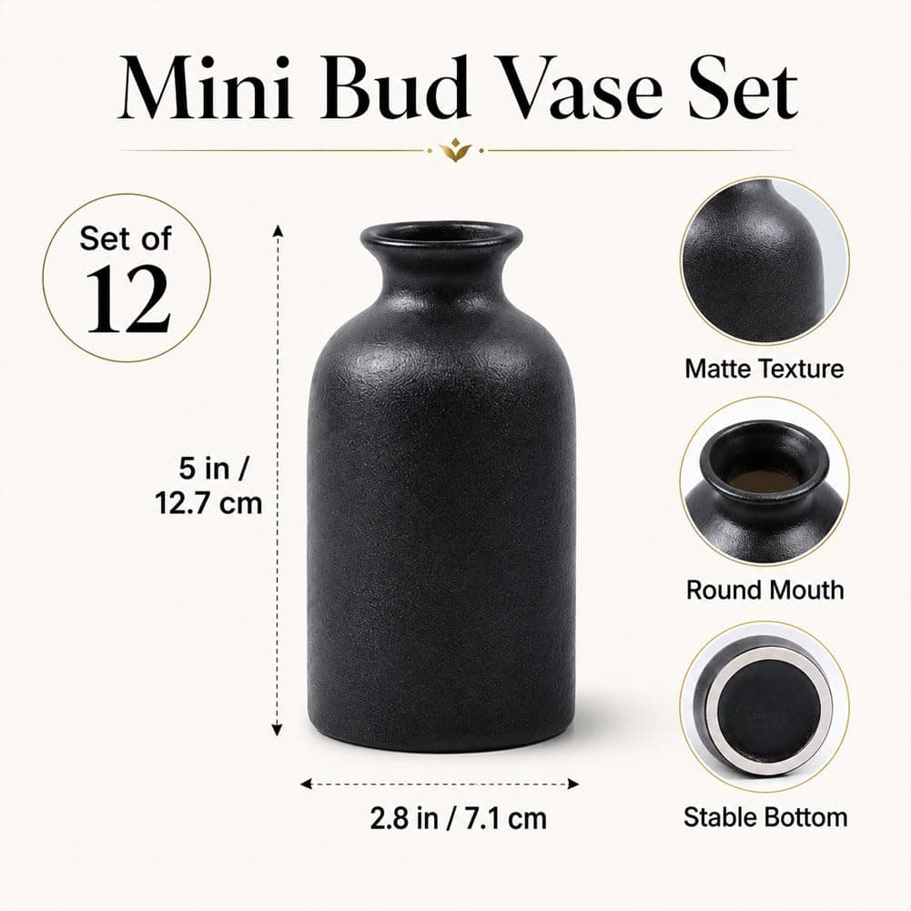 12 Pack Black Bud Vase, Modern Boho Small Vases for Dry Flowers, 5in Mini Ceramic Bud Vases for Home Decor, Centerpieces in Bulk, Mini Flower Vases for Wedding, Home, Table, Party Decor thumbnail 2