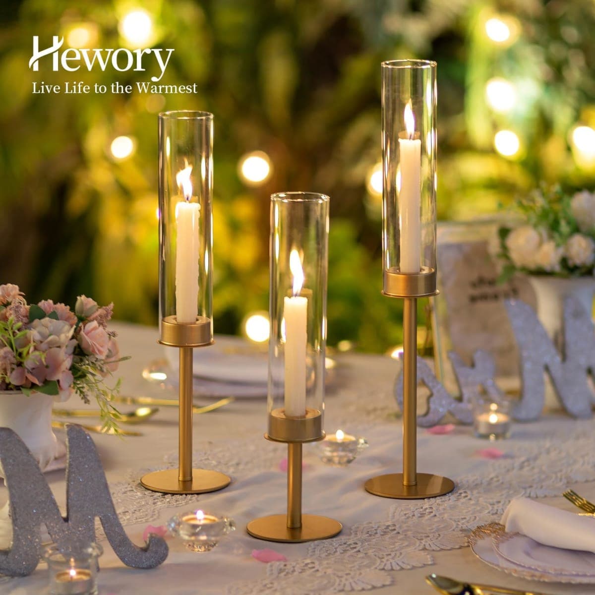 Hewory Gold Candle Holders, 3Pcs Brass Candle Stick Candelabra with Glass Candle Cover for Wedding Table Centerpiece Christmas Decor thumbnail 2