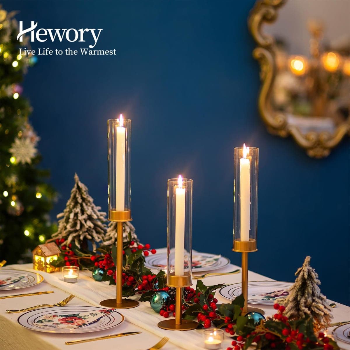 Hewory Gold Candle Holders, 3Pcs Brass Candle Stick Candelabra with Glass Candle Cover for Wedding Table Centerpiece Christmas Decor thumbnail 3
