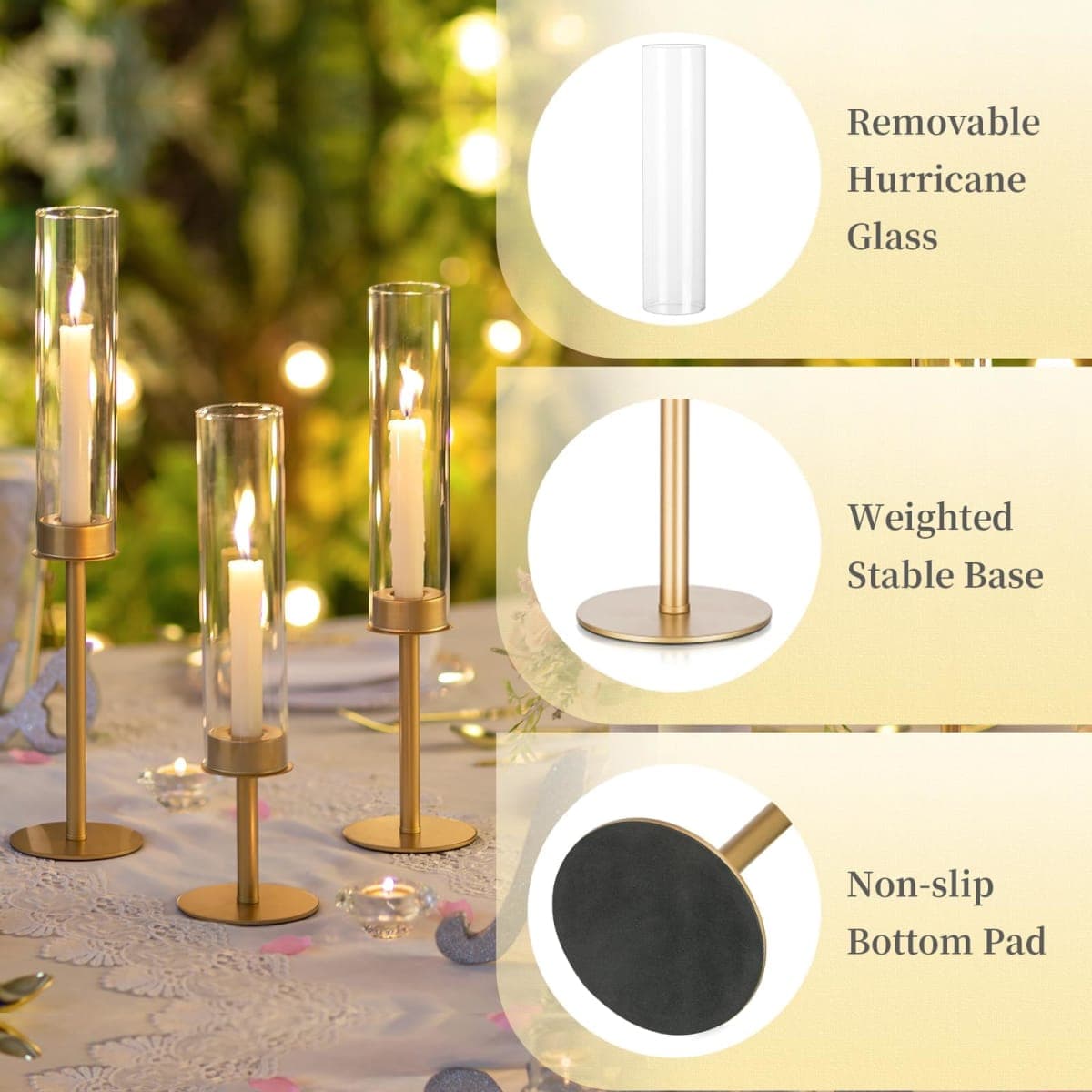 Hewory Gold Candle Holders, 3Pcs Brass Candle Stick Candelabra with Glass Candle Cover for Wedding Table Centerpiece Christmas Decor thumbnail 5