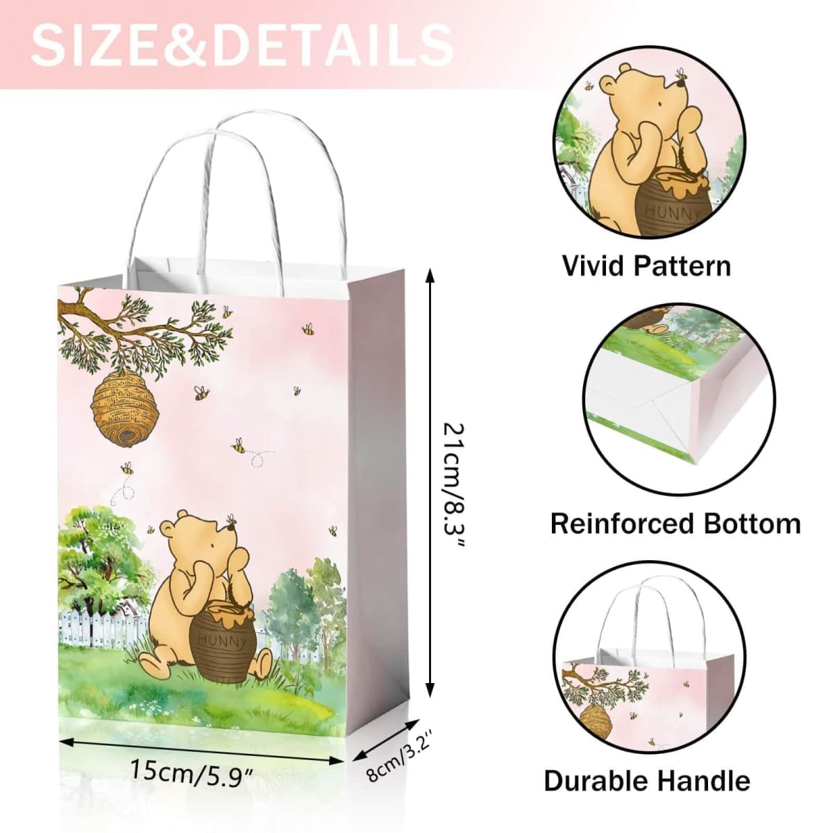 24 Pieces Classic Pooh Bear Goodie Bags for Baby Shower Party Supplies Bear Gift Snacks Treat Candy Party Favors Bags with Handles thumbnail 3