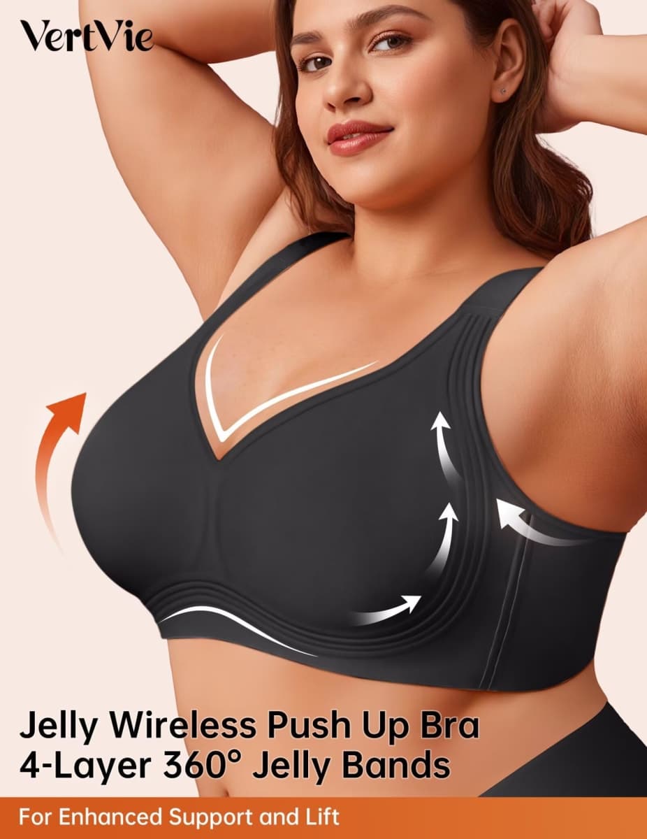 Vertvie Jelly Bras for Women Plus Size Minimizer Soft Wireless Push Up Bra Full Supportive Older Lift Back Coverage Bralette(Black,40C) thumbnail 2