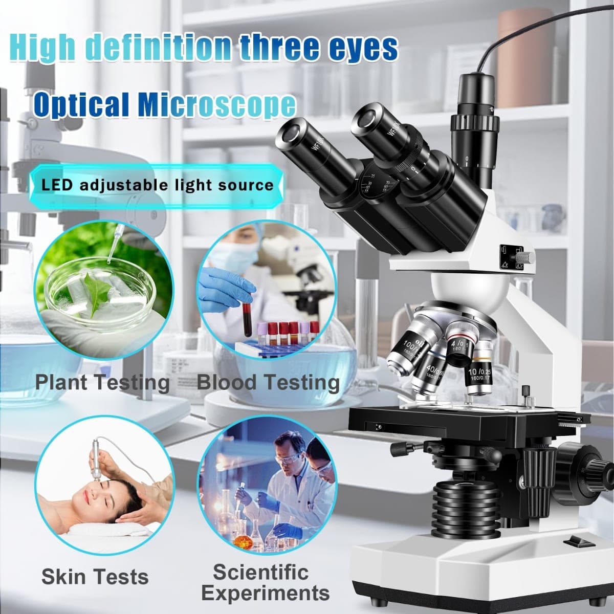 Woehrsh Compound Trinocular Microscope 40X-5000X Magnification, Laboratory Grade Microscope for Adults, Microscopes with LED Illumination Double Mechanical Stage and HD USB Camera thumbnail 4