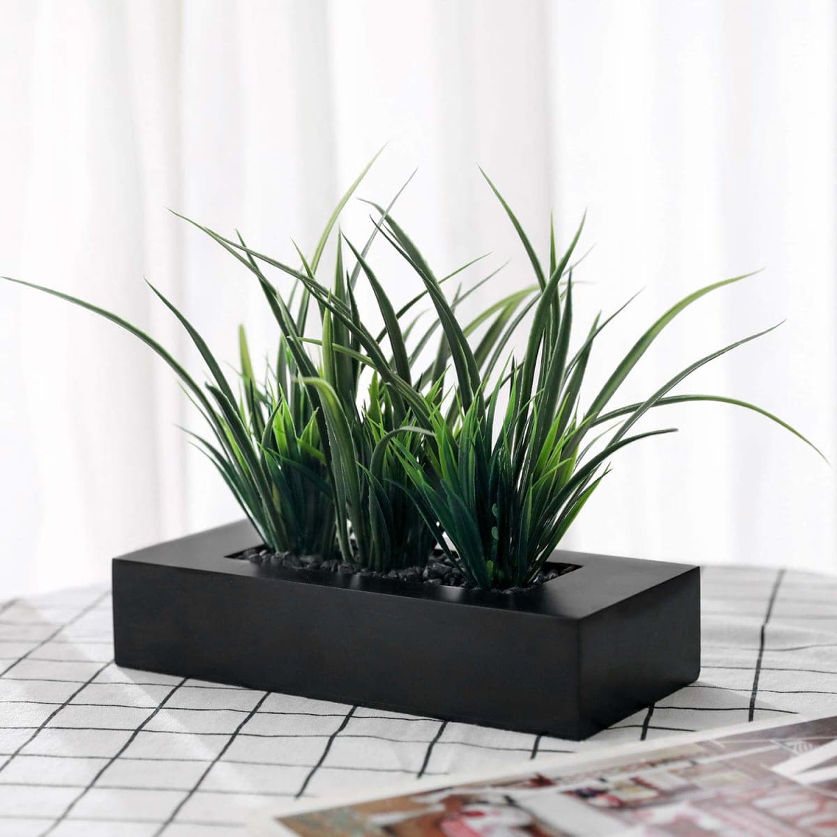 MyGift Artificial Green Grass Plants Potted in 9-inch Matte Black Wood Decorative Planter, Tabletop Faux Greenery in Wooden Rectangular Pot Centerpiece Décor thumbnail 2