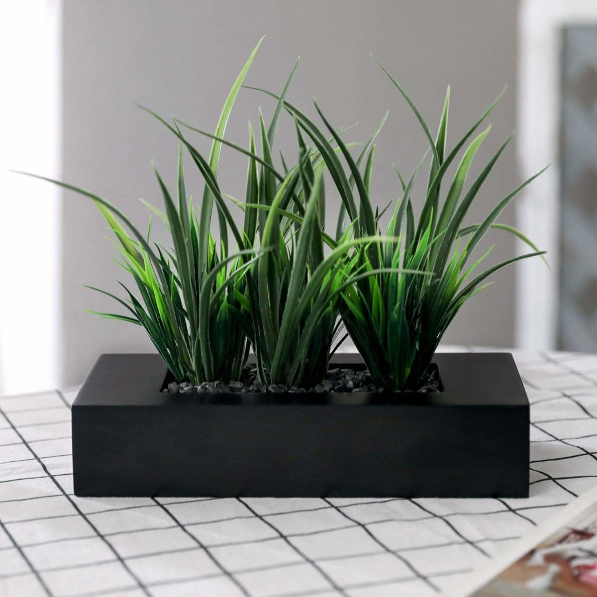 MyGift Artificial Green Grass Plants Potted in 9-inch Matte Black Wood Decorative Planter, Tabletop Faux Greenery in Wooden Rectangular Pot Centerpiece Décor thumbnail 3