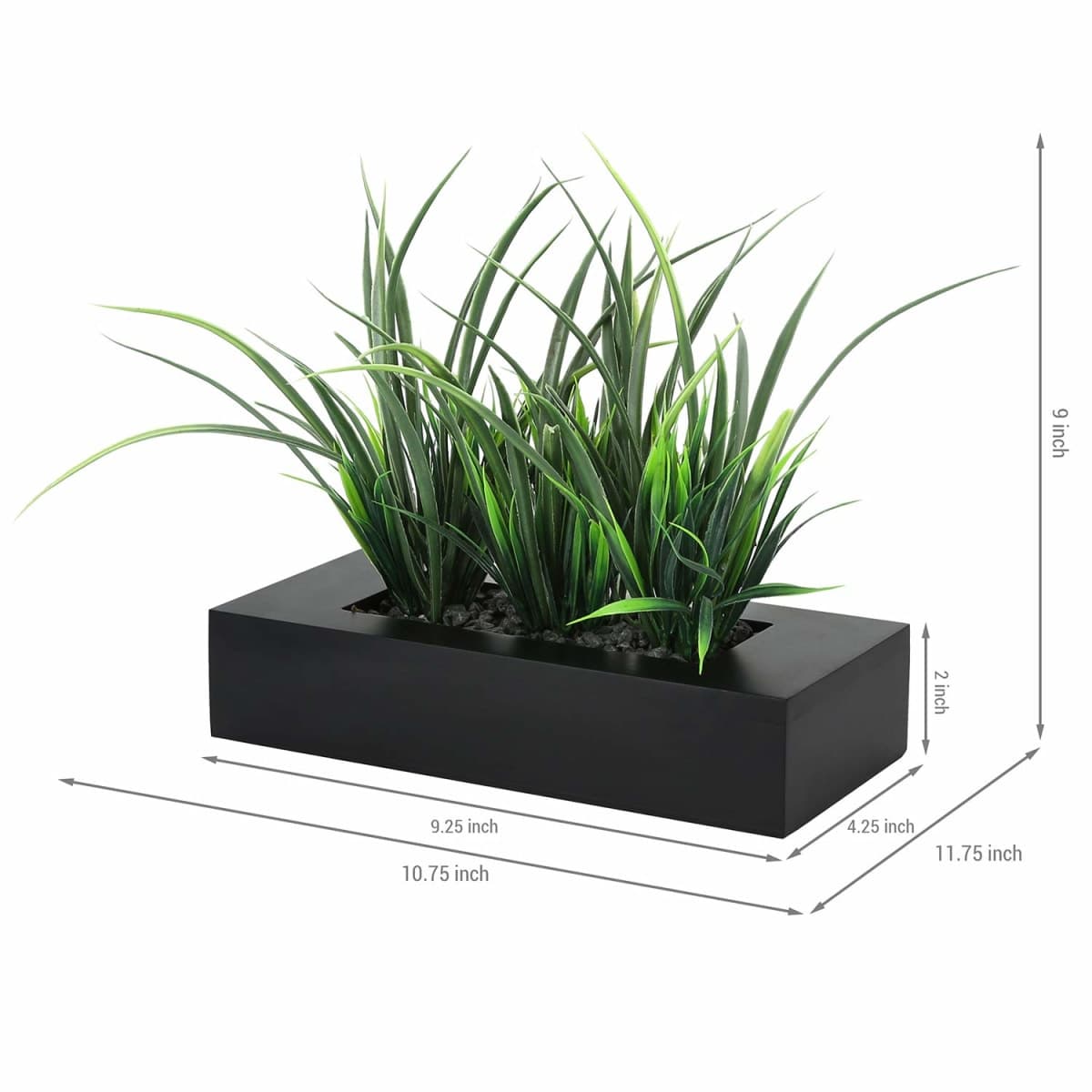 MyGift Artificial Green Grass Plants Potted in 9-inch Matte Black Wood Decorative Planter, Tabletop Faux Greenery in Wooden Rectangular Pot Centerpiece Décor thumbnail 4