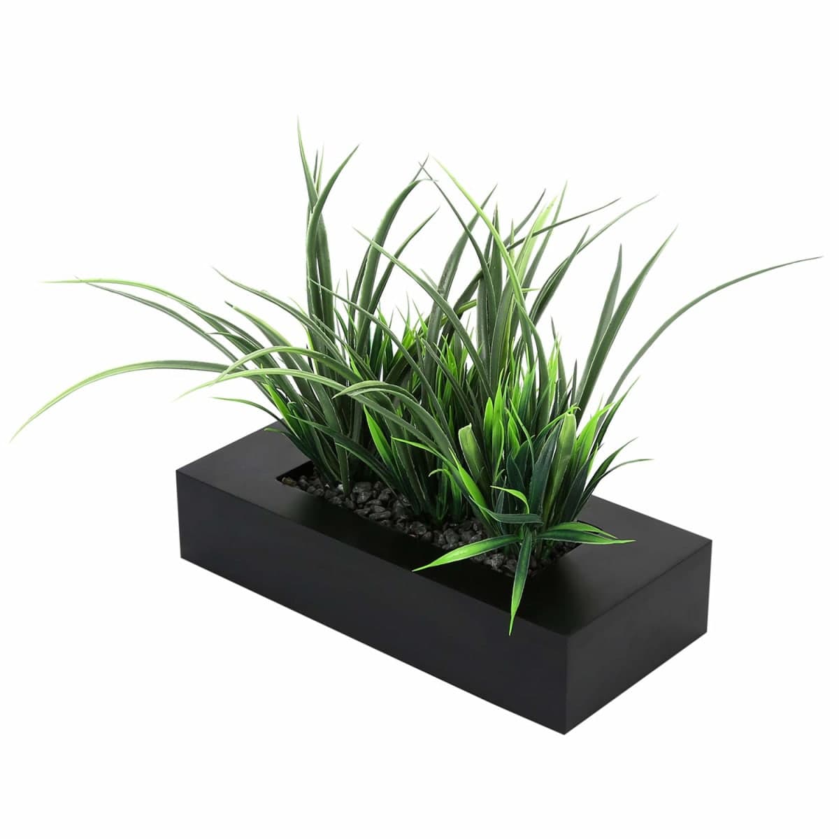 MyGift Artificial Green Grass Plants Potted in 9-inch Matte Black Wood Decorative Planter, Tabletop Faux Greenery in Wooden Rectangular Pot Centerpiece Décor thumbnail 5