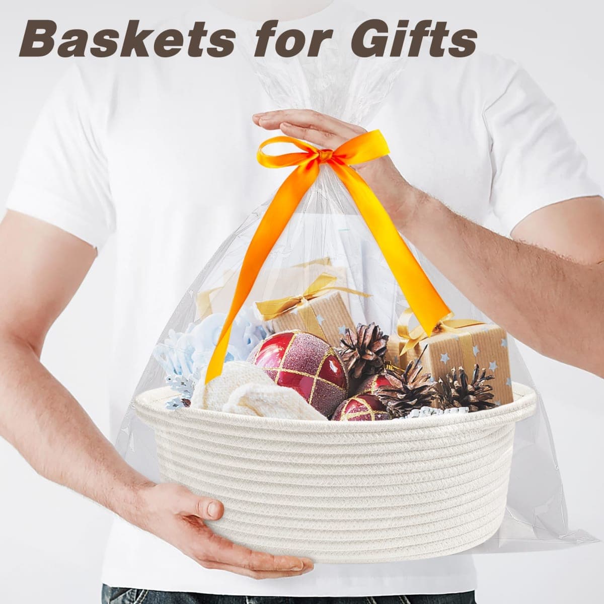 Pro Goleem Small Woven Basket with Gift Bags and Ribbons Durable baskets for Gifts Empty Small Rope Basket for Storage 12"X 8" X 5" Baby Toy Basket with Handles,White thumbnail 2