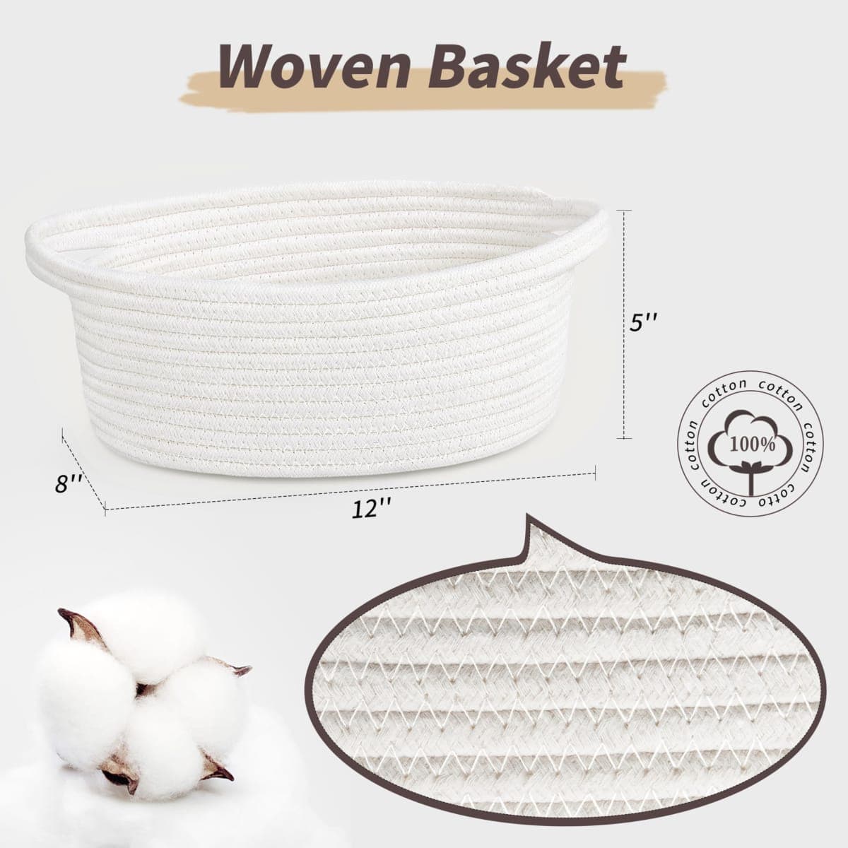 Pro Goleem Small Woven Basket with Gift Bags and Ribbons Durable baskets for Gifts Empty Small Rope Basket for Storage 12"X 8" X 5" Baby Toy Basket with Handles,White thumbnail 3