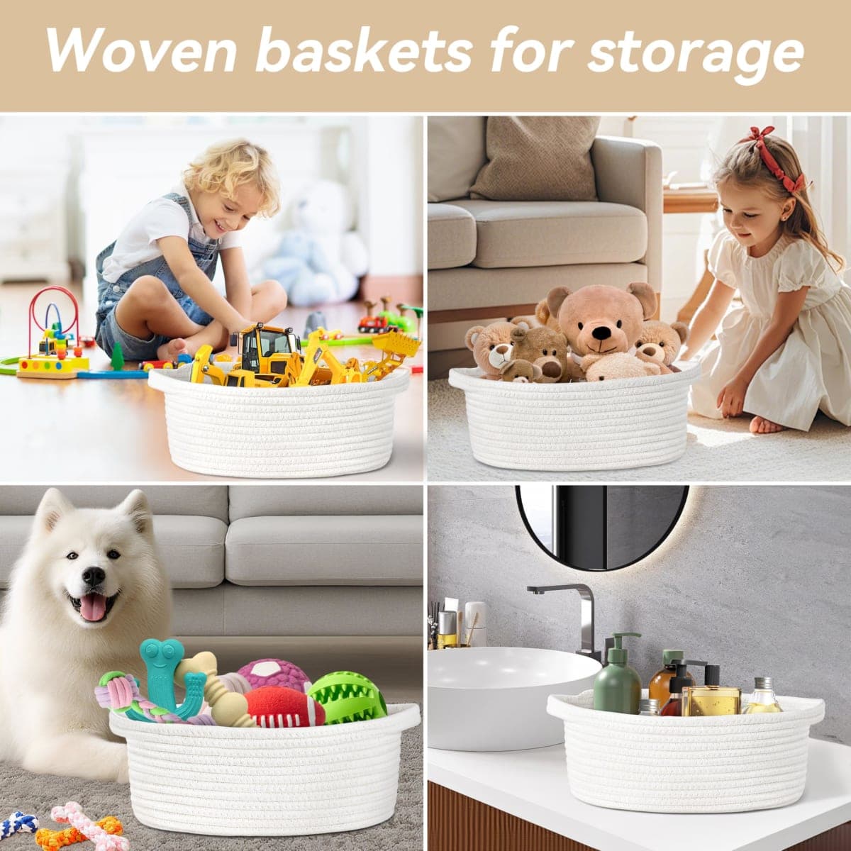 Pro Goleem Small Woven Basket with Gift Bags and Ribbons Durable baskets for Gifts Empty Small Rope Basket for Storage 12"X 8" X 5" Baby Toy Basket with Handles,White thumbnail 5