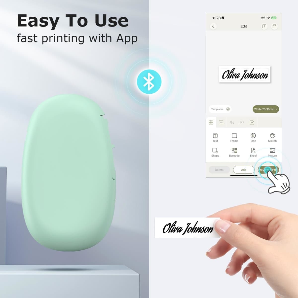 SUPVAN E10 Bluetooth Label Maker Machine with Tape, Continuous Waterproof Label, Versatile App with 30+ Fonts and 660+ Icons, Label Printer for Home, Kitchen, School, Office Organization, Green thumbnail 3