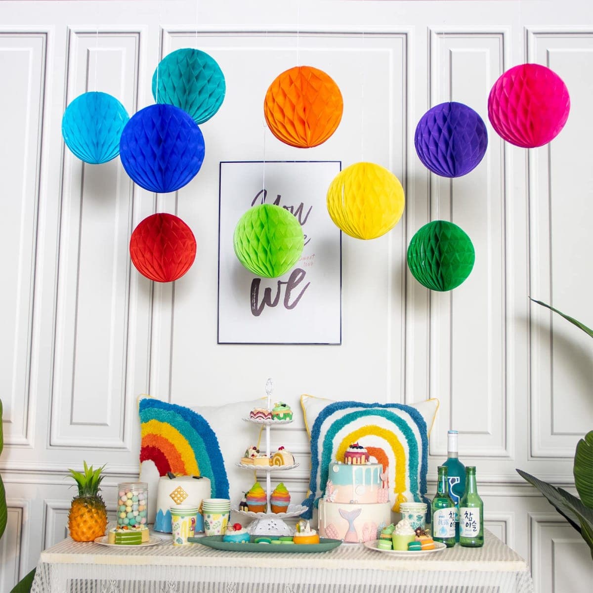 Colorful Rainbow Hanging Tissue Paper Honeycomb Balls Pride Party Decorations Pom Poms for Rainbow Sunshine Cloud Sun Themed Birthday Baby Shower Gender Reveal Wedding Party Décor thumbnail 2