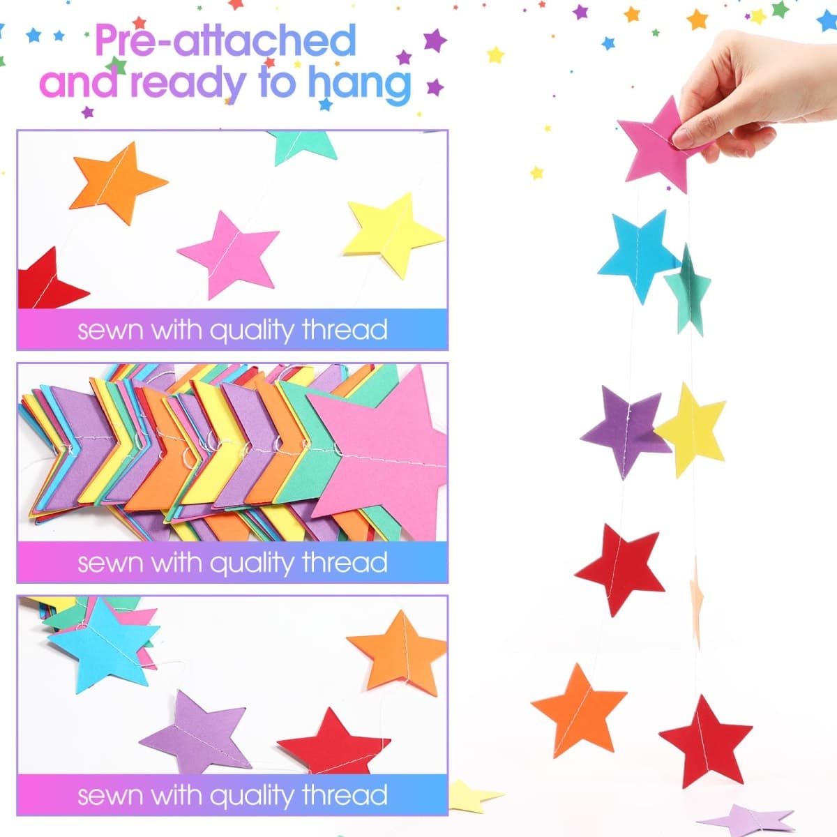 Patelai 130 Feet Glitter Star Garland Banner Decoration Hanging Star Decoration Gold Black Party Decorations for 2025 New Year Graduation Wedding Birthday Festival Party Decor(Mexican Color) thumbnail 3