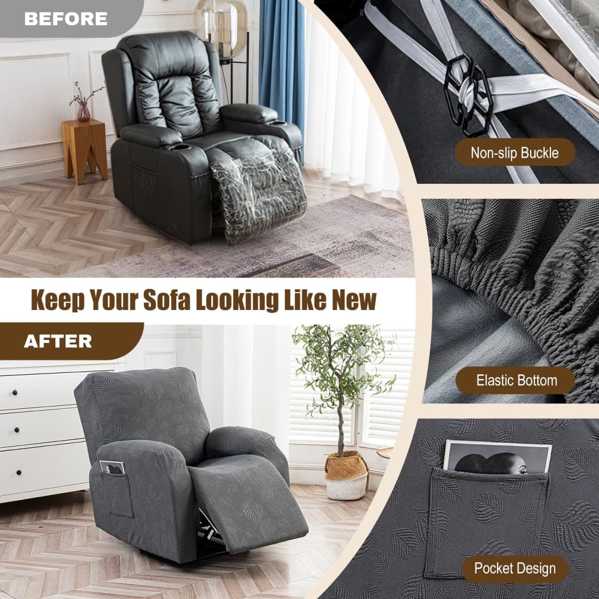Gennia Recliner Sofa Covers 5 Pieces, Waterproof Sectional Couch Cover Stretch 3 Seat Reclining Couch Cover Soft Sofa Slipcover with Elastic Bottom Furniture Protector for Kis, Pets (Dark Gray) thumbnail 5