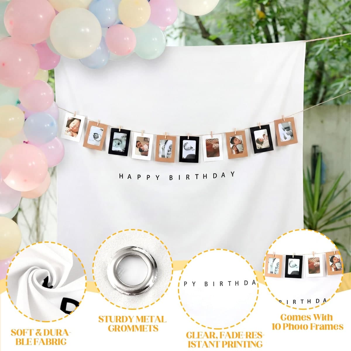 Gilprop 59x59 Inches Happy Birthday Tapestry White Fabric Happy Birthday Banner with 10 Photo Frames, Custom Wall Flag, Boho Wall Art for Party Indoor Outdoor Yard Decor thumbnail 3