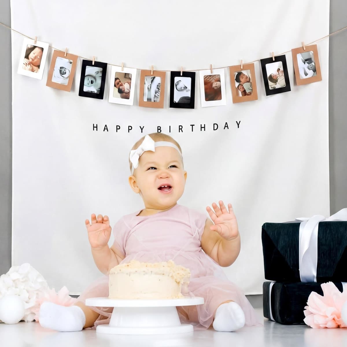 Gilprop 59x59 Inches Happy Birthday Tapestry White Fabric Happy Birthday Banner with 10 Photo Frames, Custom Wall Flag, Boho Wall Art for Party Indoor Outdoor Yard Decor thumbnail 5