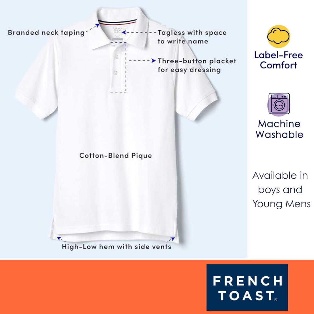 French Toast Young Men's Pique Polo Shirt with Short Sleeves, Light Blue, Large thumbnail 3