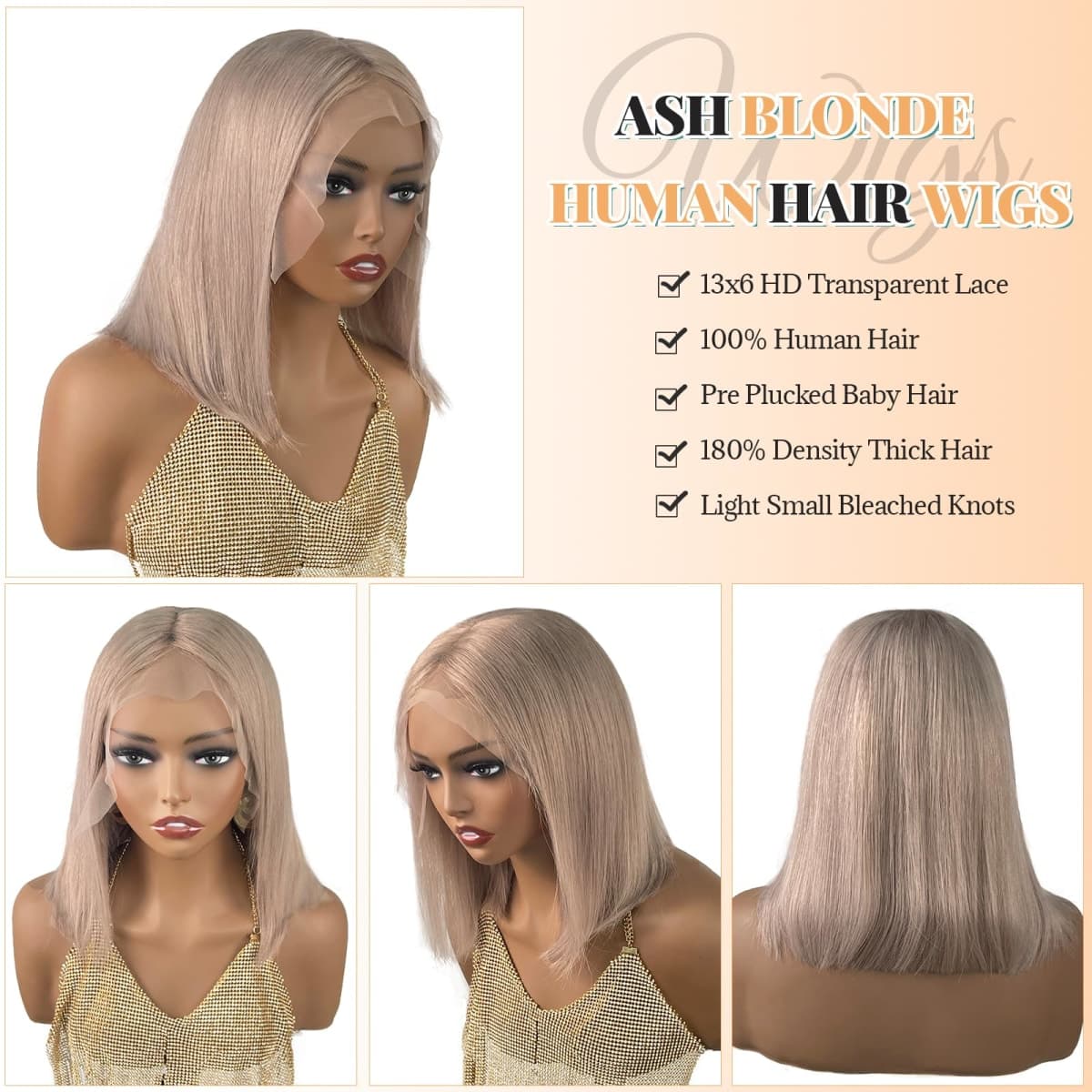 Munx Ash Blonde Bob Wigs Human Hair 180% Denstiy 13x6 HD Lace Frontal Human Hair Wig for Black Women Pre Plucked Straight Glueless Lace Front Short Bob Wigs 10 Inch thumbnail 2