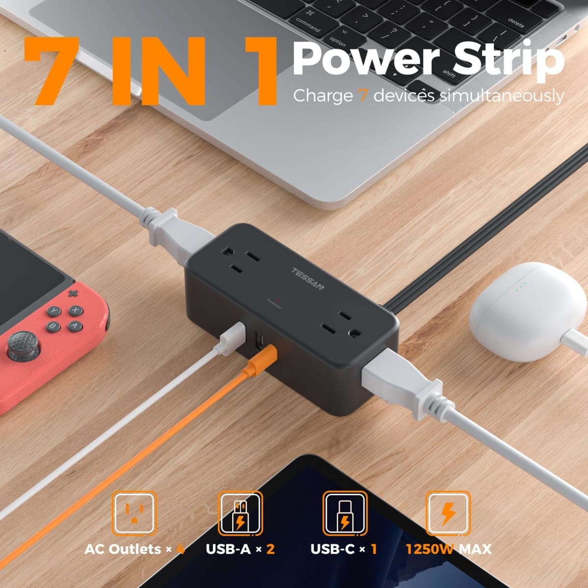 TESSAN Extension Electrica Plano 1.5 M, Plana Regleta Multicontacto Extensión con Protector de Sobretensión, 4 Salidas de CA y 3 USB(1 USB C), Conector Multiple Enchufe para Hogar Oficina Dorm, Negro thumbnail 2