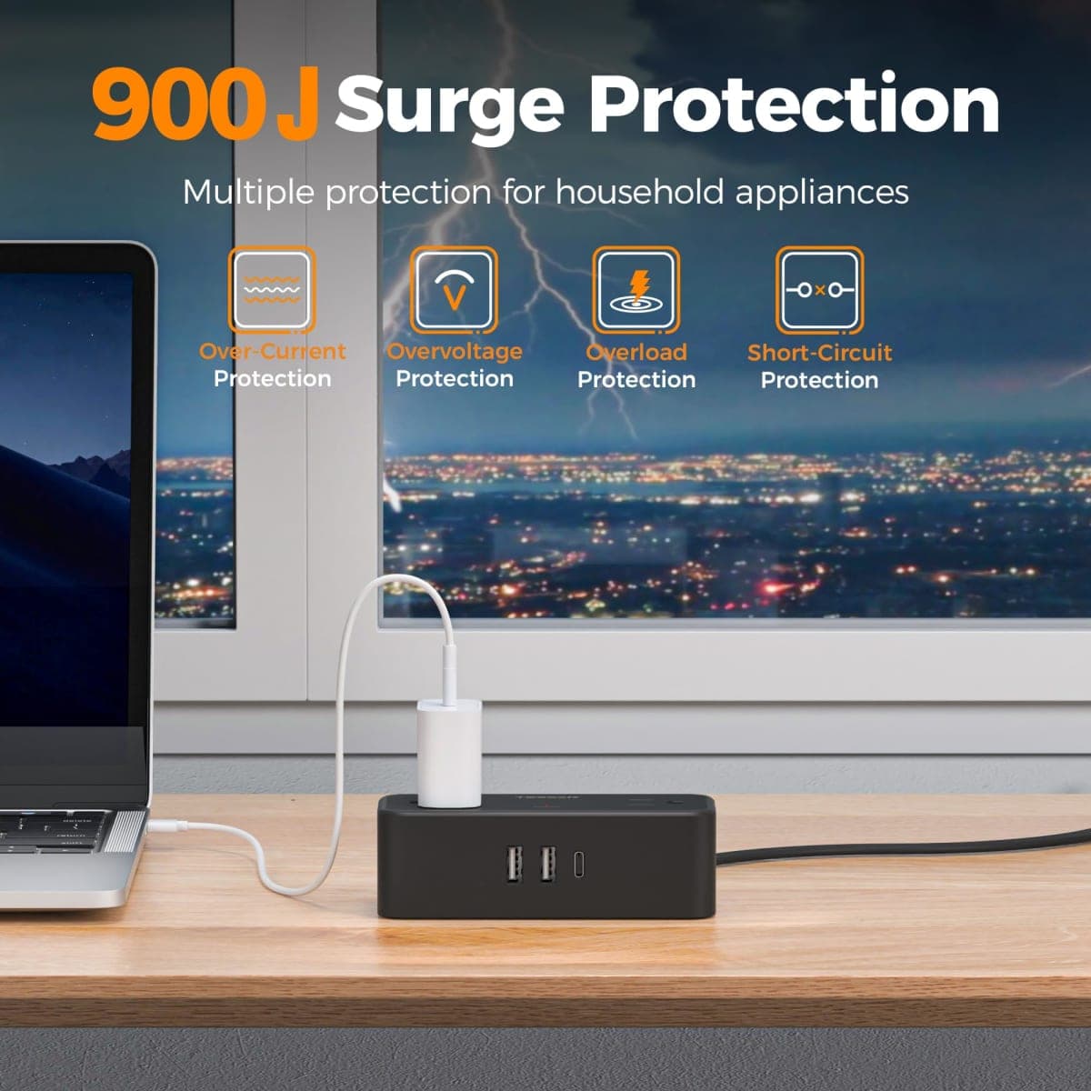 TESSAN Extension Electrica Plano 1.5 M, Plana Regleta Multicontacto Extensión con Protector de Sobretensión, 4 Salidas de CA y 3 USB(1 USB C), Conector Multiple Enchufe para Hogar Oficina Dorm, Negro thumbnail 3