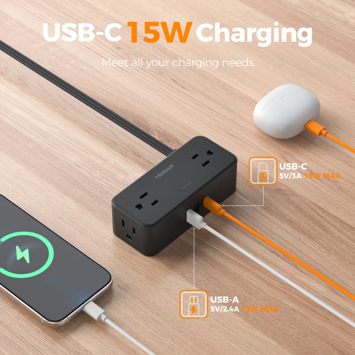 TESSAN Extension Electrica Plano 1.5 M, Plana Regleta Multicontacto Extensión con Protector de Sobretensión, 4 Salidas de CA y 3 USB(1 USB C), Conector Multiple Enchufe para Hogar Oficina Dorm, Negro thumbnail 4