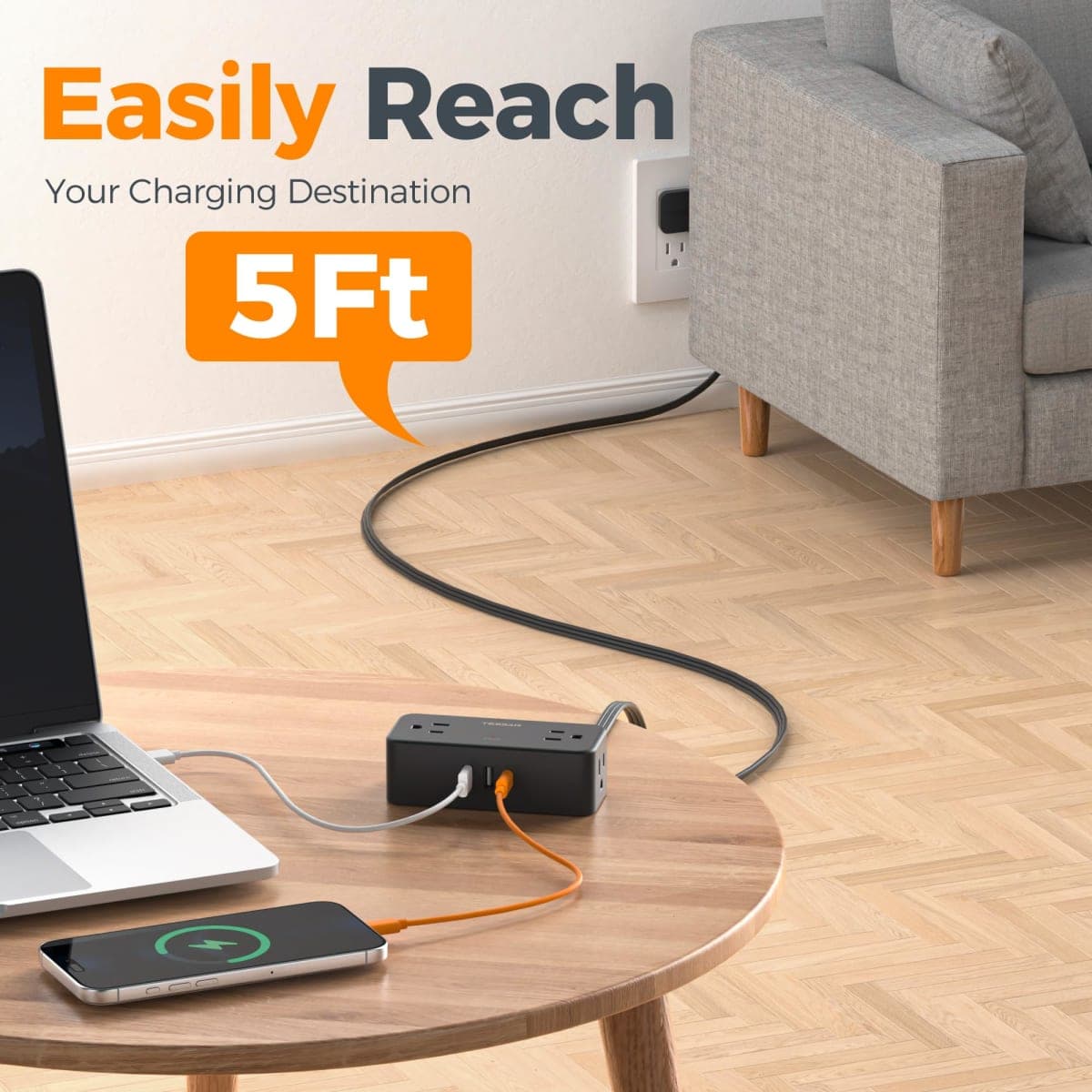 TESSAN Extension Electrica Plano 1.5 M, Plana Regleta Multicontacto Extensión con Protector de Sobretensión, 4 Salidas de CA y 3 USB(1 USB C), Conector Multiple Enchufe para Hogar Oficina Dorm, Negro thumbnail 5