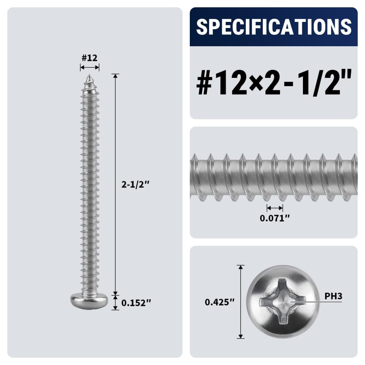 #12 x 2-1/2" (30 Pack) Stainless Steel Phillips Pan Head Wood Screws, Stainless Steel 304 (18-8), Pan Head Sheet Metal Screws Self Tapping Screws thumbnail 2