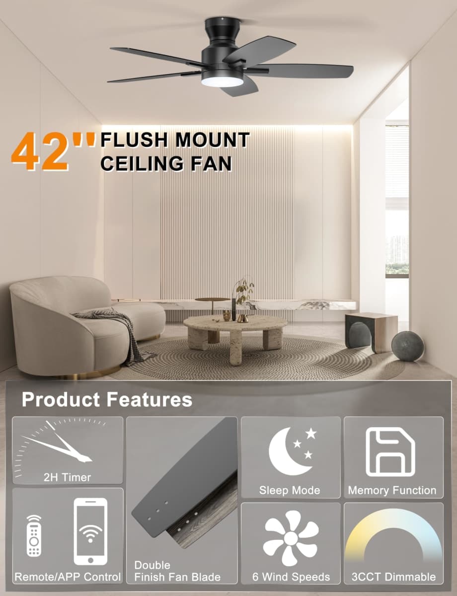 Ohniyou 42'' Ceiling Fans with Lights, Low Profile Ceiling Fan with Light and Remote/APP Control, Modern Flush Mount Ceiling Fan for Indoor Bedroom Kitchen, Dimmable, Qiuet DC Motor, Black thumbnail 3