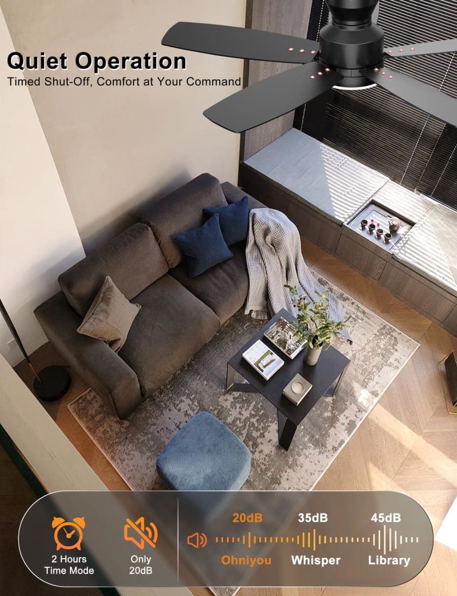 Ohniyou 42'' Ceiling Fans with Lights, Low Profile Ceiling Fan with Light and Remote/APP Control, Modern Flush Mount Ceiling Fan for Indoor Bedroom Kitchen, Dimmable, Qiuet DC Motor, Black thumbnail 5