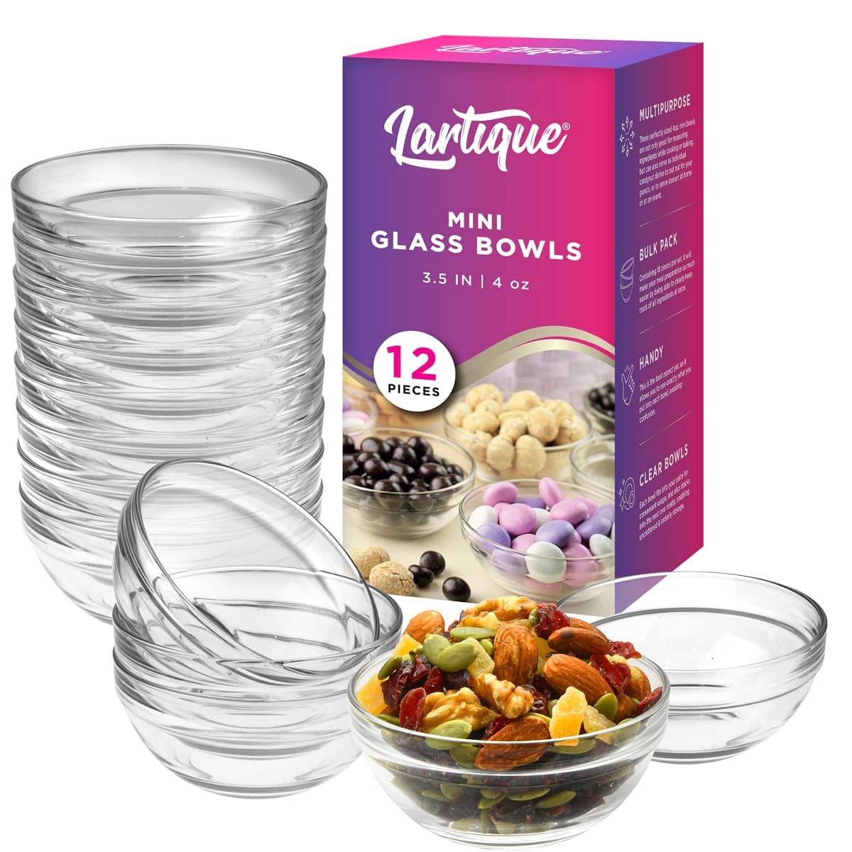 Lartique Mini 3.5 Inch Clear Glass Bowls - Set of 6, Modern Glass, Meal Prep or Dessert Bowls, Microwave & Dishwasher Safe — image 1