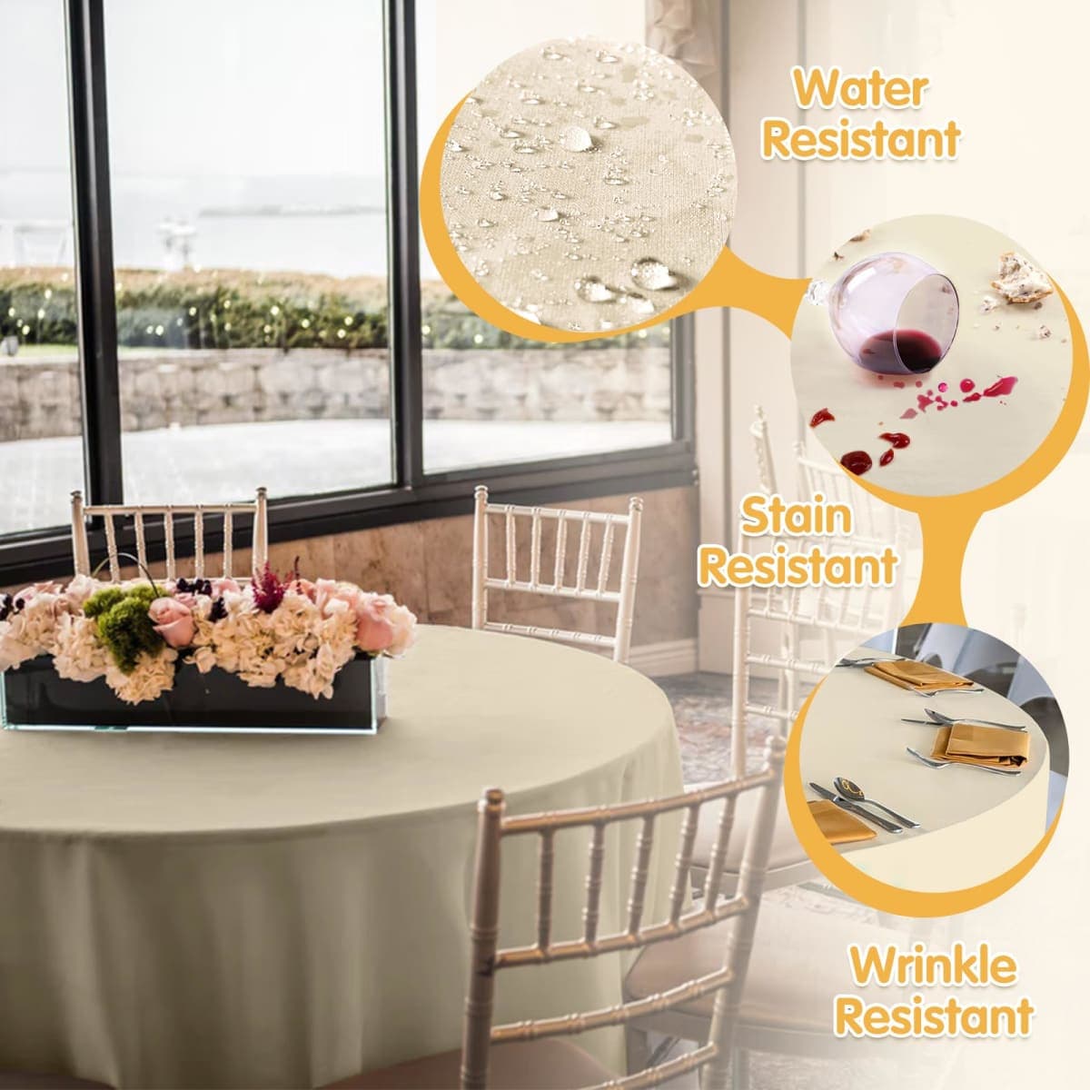 BRILLMAX 6 Pack Beige Round Tablecloths 90 Inch for 60" Tables thumbnail 3