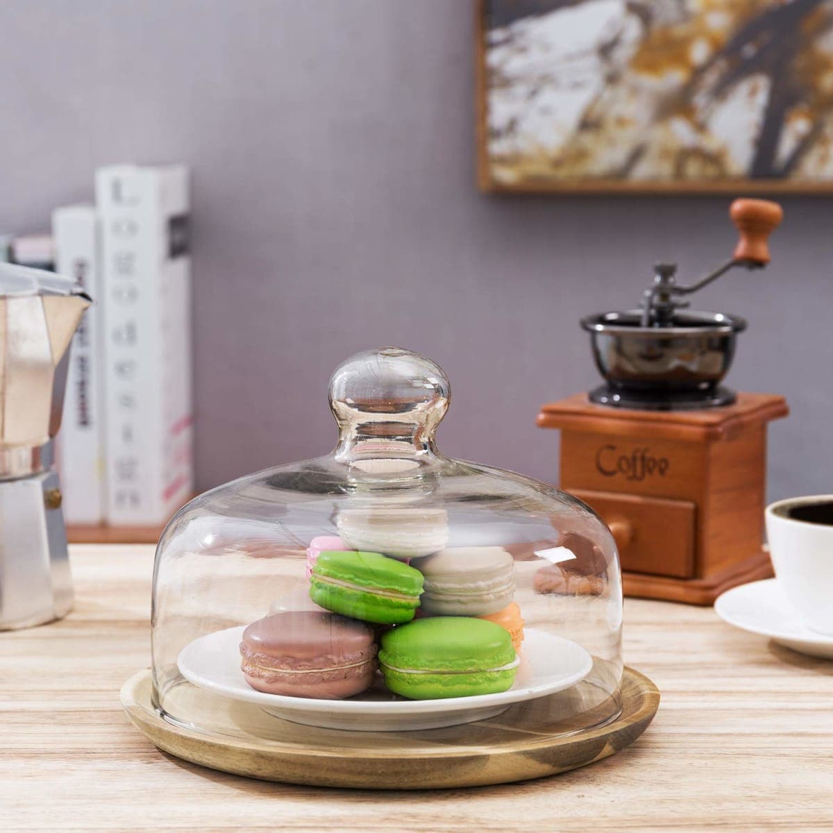 MyGift Cloche Dome Clear Glass Dessert Cheese Serving Tray 7.5 Inch Small Cake Cupcake Stand with Acacia Wood Base for Party Wedding thumbnail 3