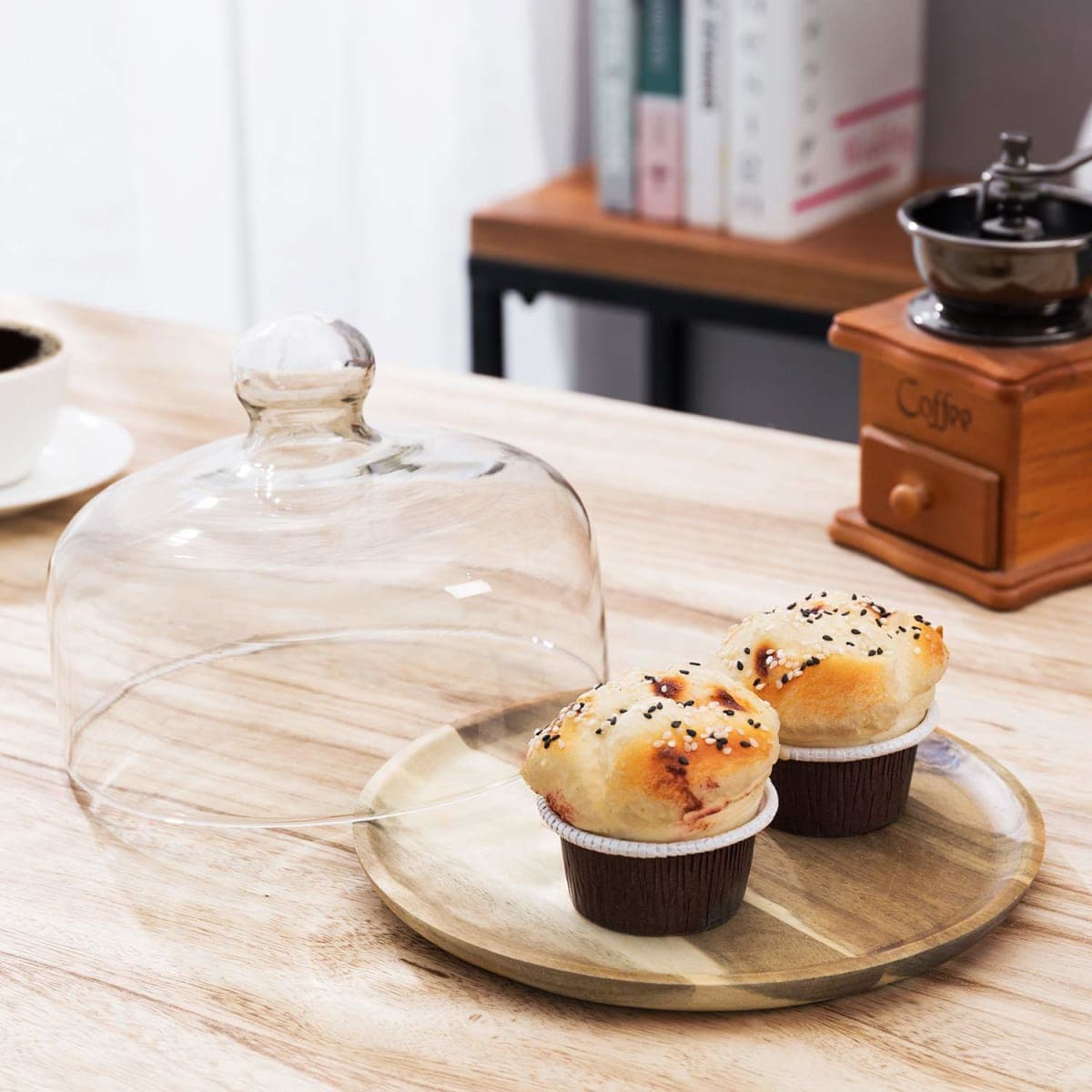 MyGift Cloche Dome Clear Glass Dessert Cheese Serving Tray 7.5 Inch Small Cake Cupcake Stand with Acacia Wood Base for Party Wedding thumbnail 4