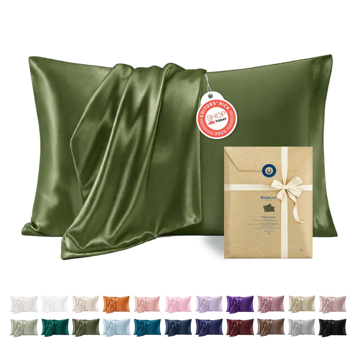 Bedsure Satin Pillow Cases Queen Size 2 Pack - Similar to Silk Pillow Cases, Silky Pillowcase Covers for Hair and Skin with Envelope Closure, Gifts for Women Men, Olive Green, 20x30 Inches — image 1