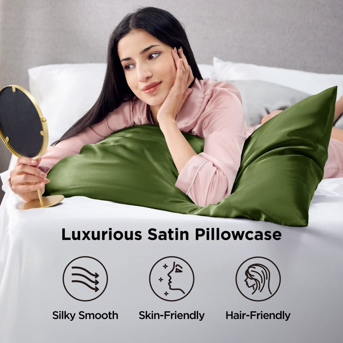 Bedsure Satin Pillow Cases Queen Size 2 Pack - Similar to Silk Pillow Cases, Silky Pillowcase Covers for Hair and Skin with Envelope Closure, Gifts for Women Men, Olive Green, 20x30 Inches thumbnail 2