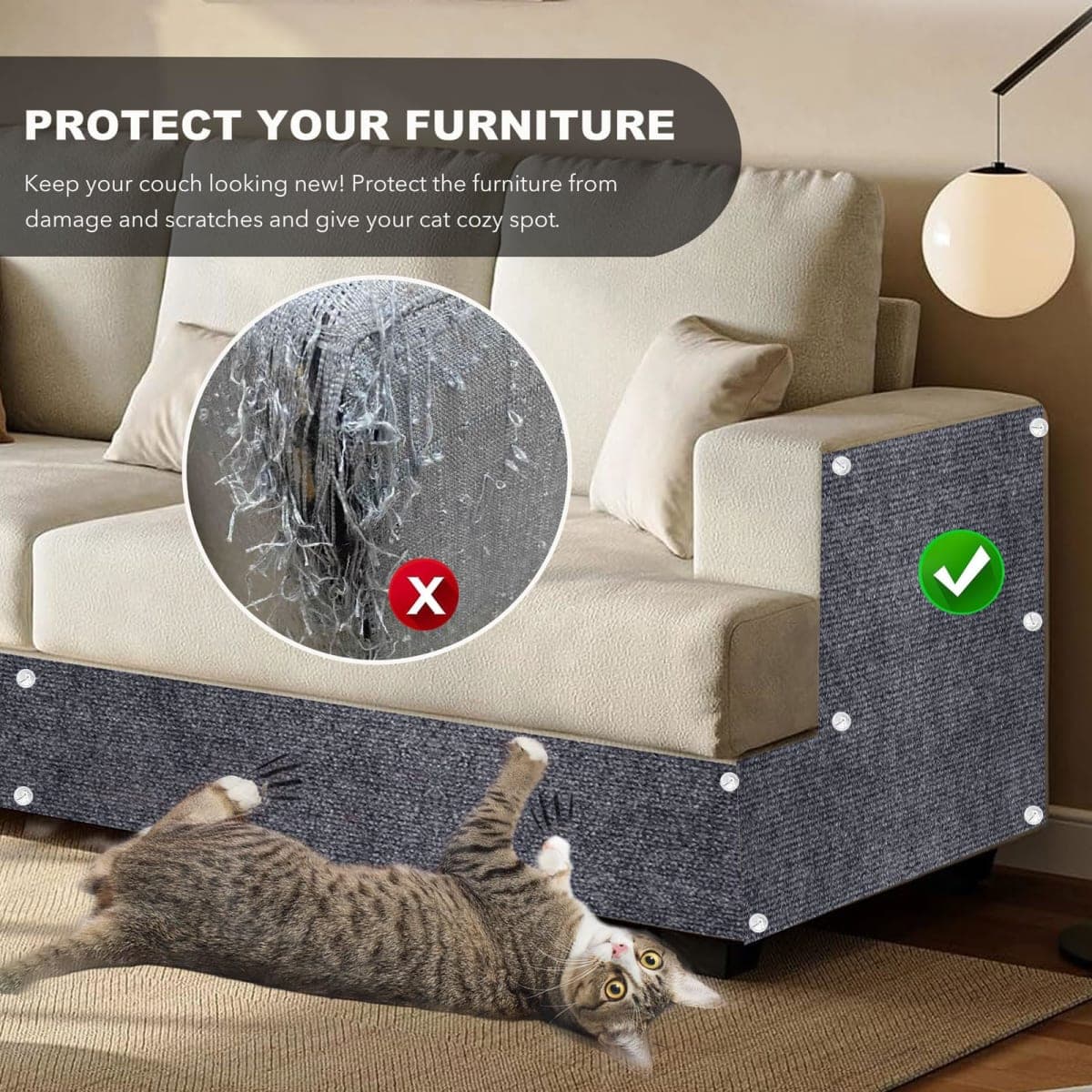 78.7"X15.8" Self-Adhesive Cat Scratching Mat - Durable Couch Protector from Cat Claws, DIY Furniture Protector from Cats Scratching, Sticky cat Scratch Wall mat- No Residue, Safe for Cats (Dark Grey) thumbnail 2