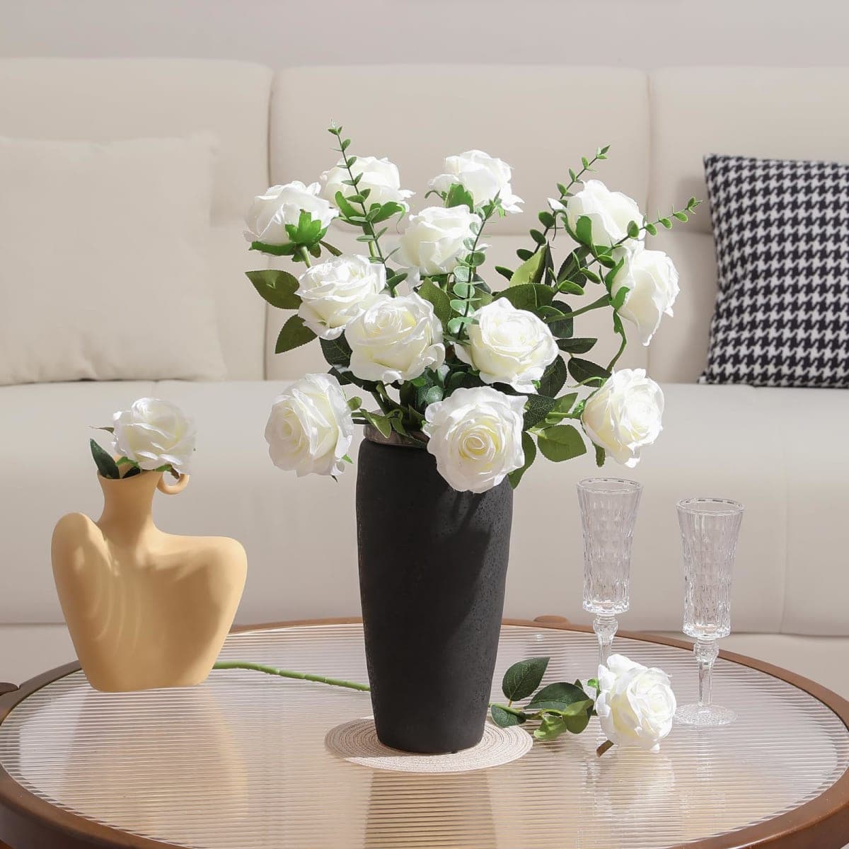 Tifuly White Roses Artificial Flowers -12 pcs Realistic Single Long Stem Fake Silk Roses Bouquet for Party Home Wedding Centerpiece Office DIY Decor（Off White） thumbnail 3