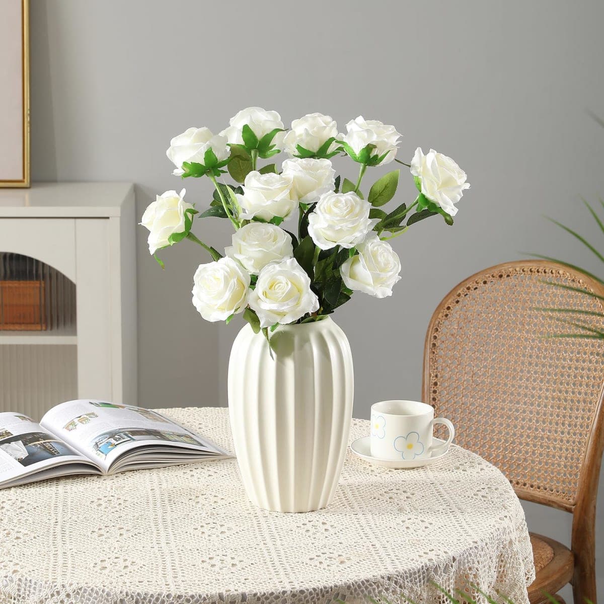 Tifuly White Roses Artificial Flowers -12 pcs Realistic Single Long Stem Fake Silk Roses Bouquet for Party Home Wedding Centerpiece Office DIY Decor（Off White） thumbnail 5