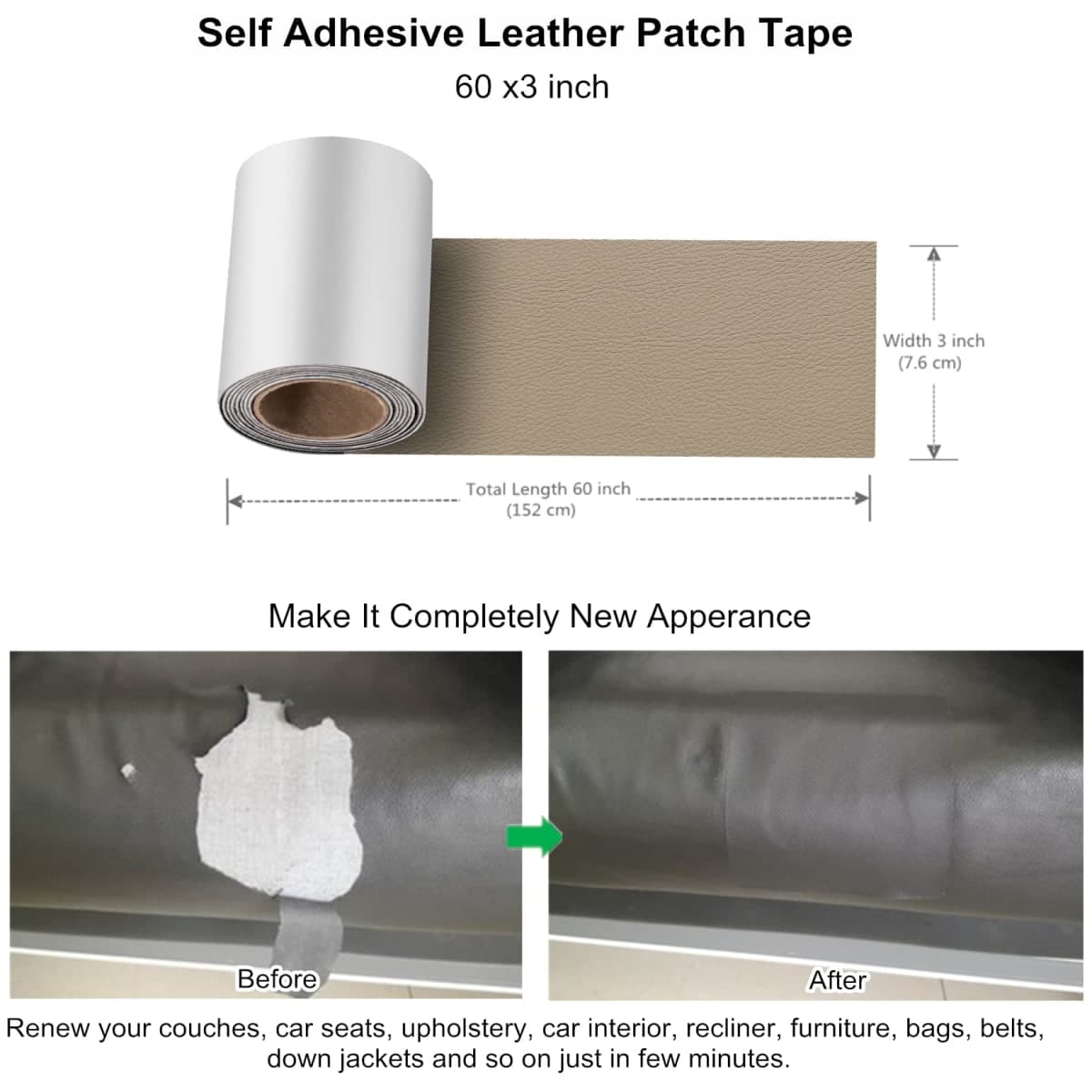 ILOFRI Leather and Vinyl Repair Patch Tape (Ivory Brown No.1, 3x60 inch) thumbnail 3