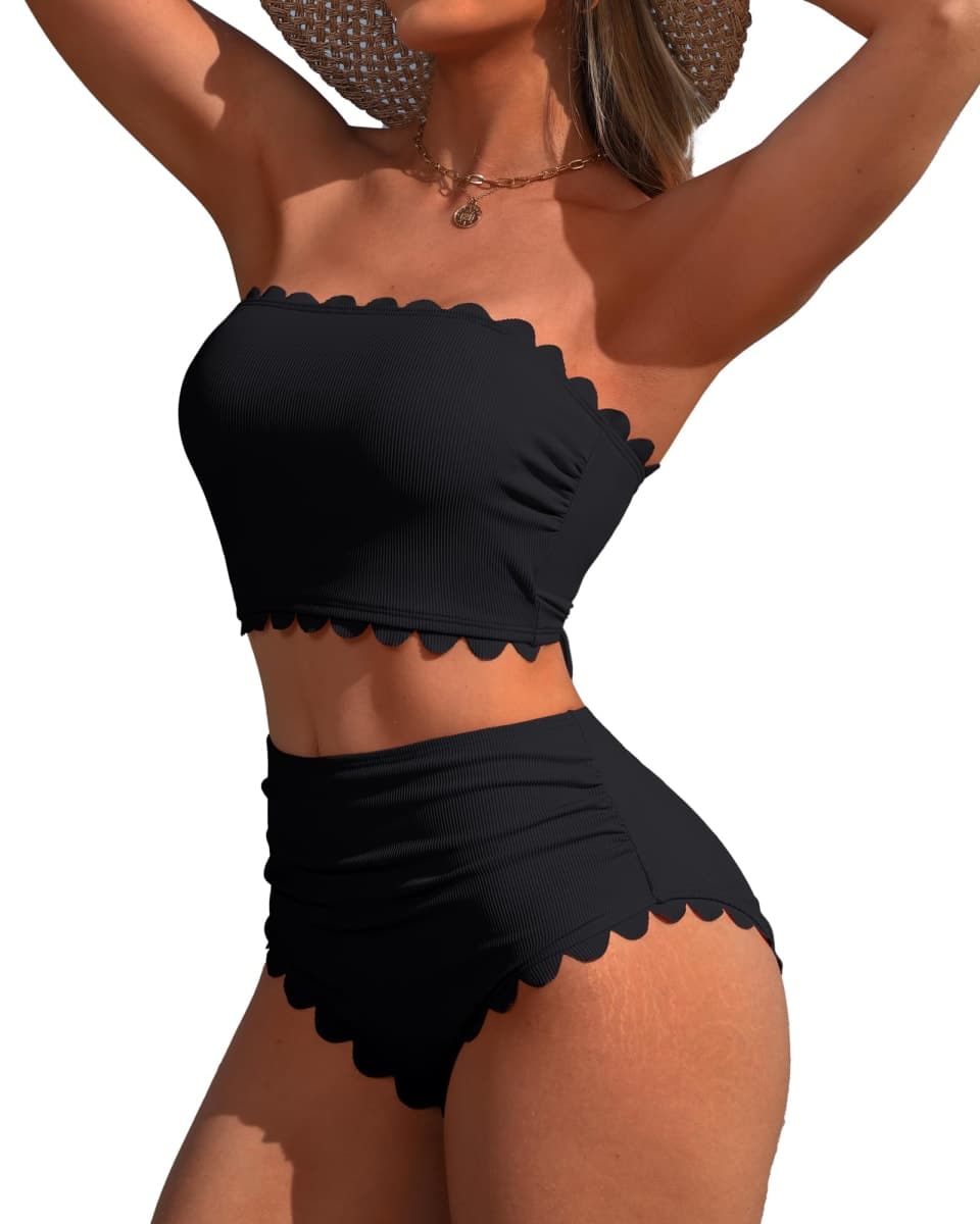 Charmo Strapless High Waisted Bikini Sets for Women Tummy Control Scallop Ribbed Bandeau Swimsuit Lace up Bathing Suits, Black, X-Large — image 1