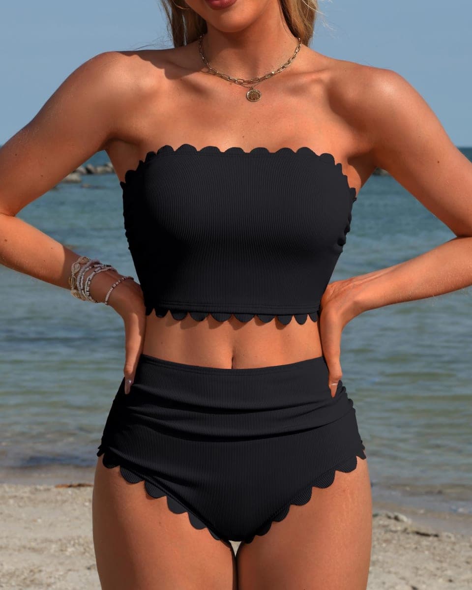Charmo Strapless High Waisted Bikini Sets for Women Tummy Control Scallop Ribbed Bandeau Swimsuit Lace up Bathing Suits, Black, X-Large thumbnail 3