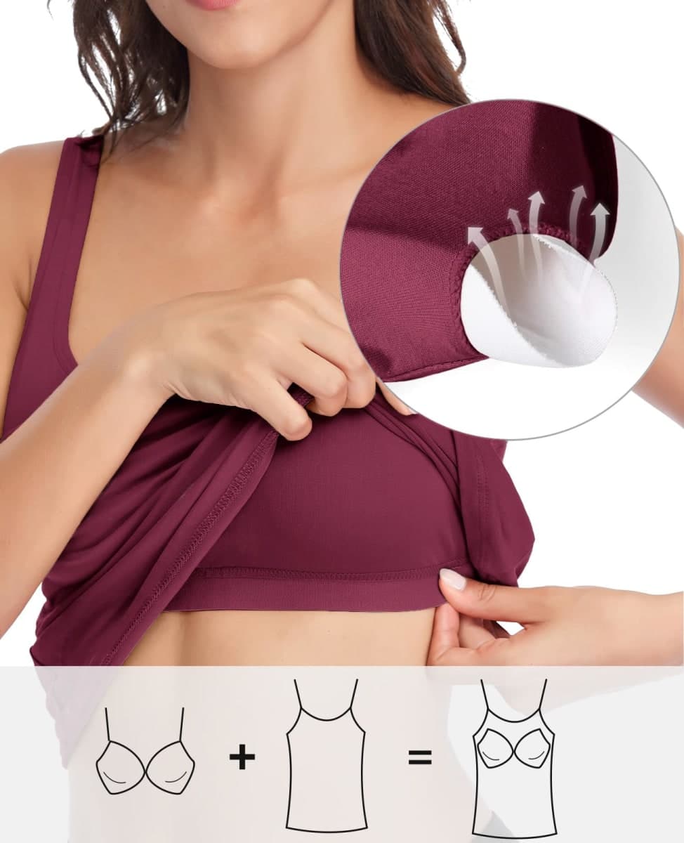 V FOR CITY Tank Top for Women with Padded Bra Adjustable Wide Strap Camisole Cotton Cami Undershirts Wine Red thumbnail 4