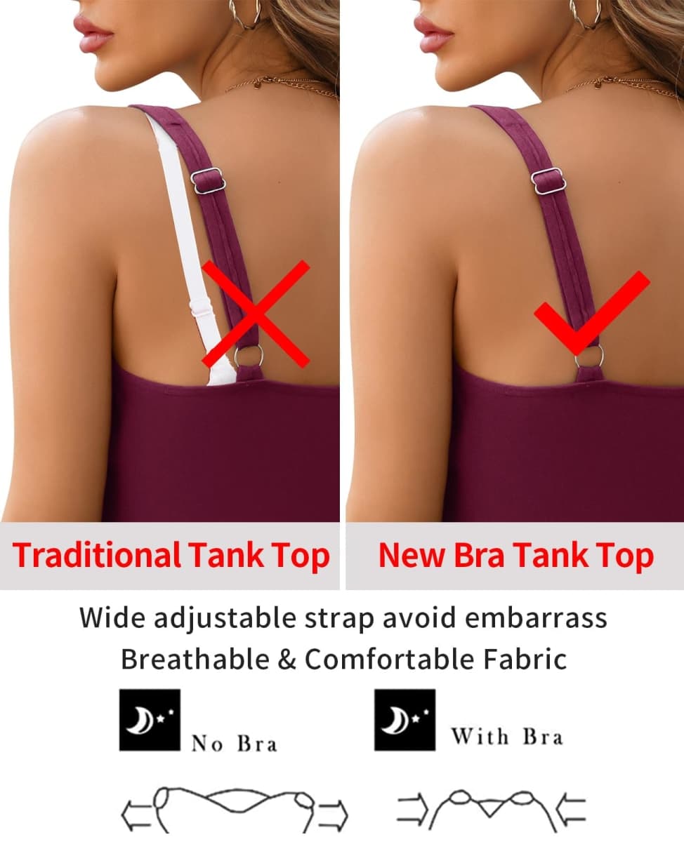 V FOR CITY Tank Top for Women with Padded Bra Adjustable Wide Strap Camisole Cotton Cami Undershirts Wine Red thumbnail 5