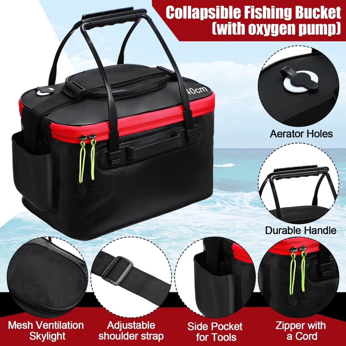 Cosblank 2 Pcs Fishing Bucket and Live Bait Aerator, Foldable Multi Functional Live Bucket Portable Quiet Aerator Outdoor Camping Fishing EVA Bag (Blue,4 Gallon) thumbnail 3