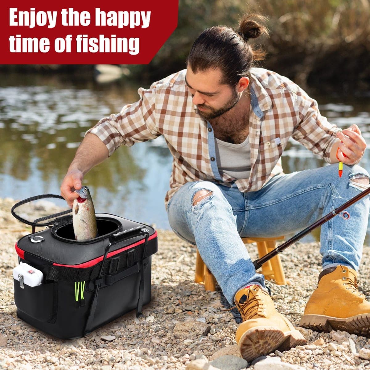 Cosblank 2 Pcs Fishing Bucket and Live Bait Aerator, Foldable Multi Functional Live Bucket Portable Quiet Aerator Outdoor Camping Fishing EVA Bag (Blue,4 Gallon) thumbnail 4