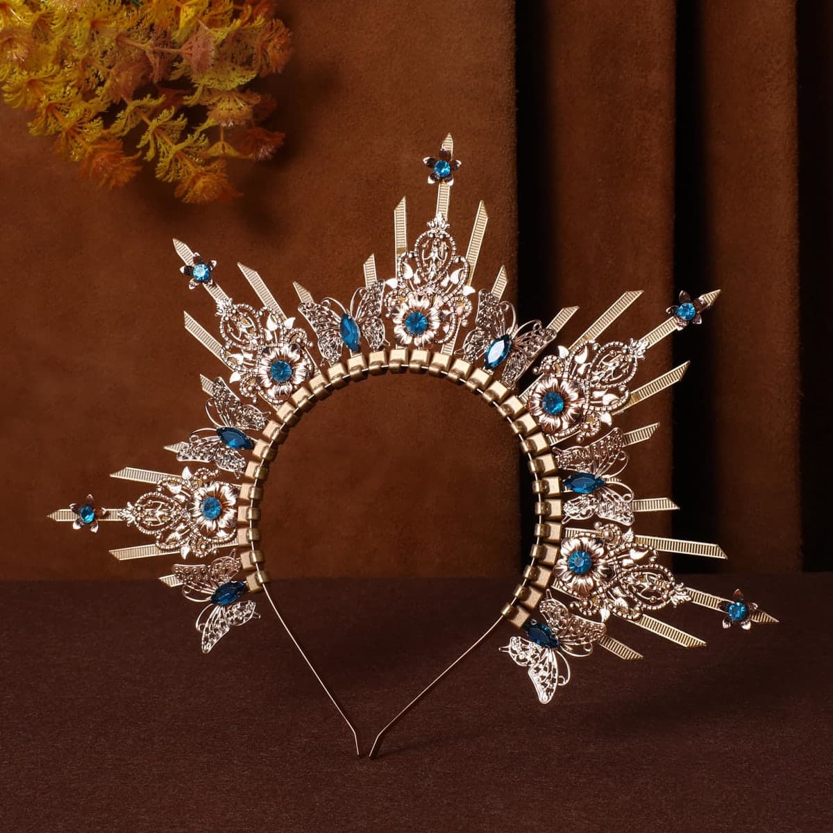 COSUCOS Queen Halo Crown Headpiece - Zip Tie Spiked Hairband Sun Goddess Headband Virgin Mary Headpiece Women Wedding Photoshoot Costume with Butterfly Blue Rhinestones Headdress Renaissance thumbnail 4