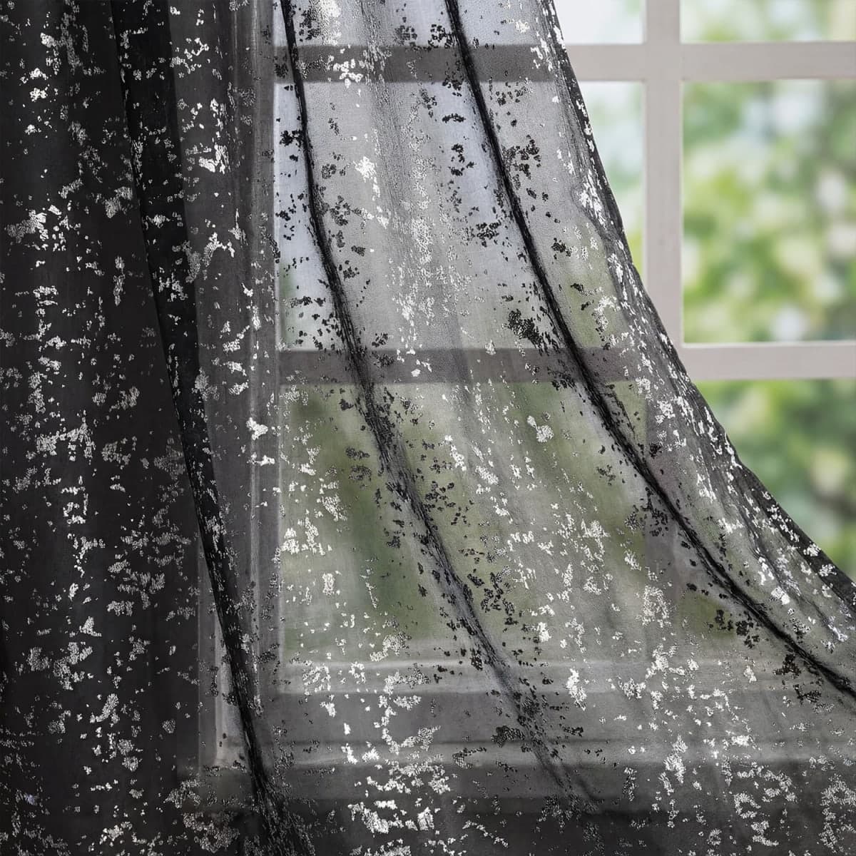 Horaldaily 2Pcs Black Sheer Curtains 52x84in, Silver Sequin, Halloween — image 1