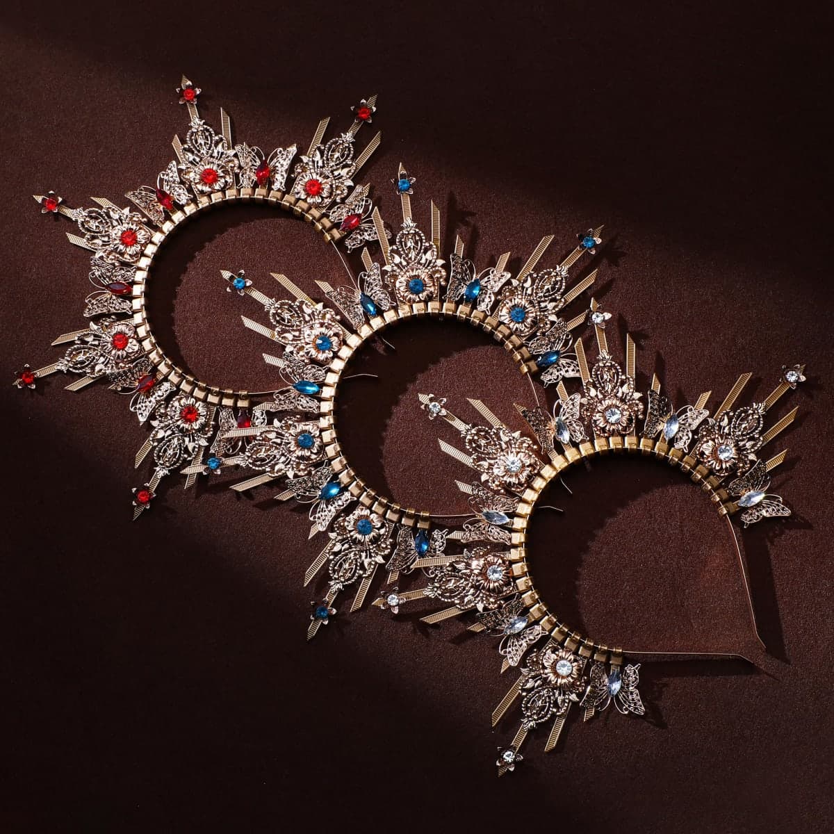 COSUCOS Queen Halo Crown Headpiece - Zip Tie Spiked Hairband Sun Goddess Headband Virgin Mary Headpiece Women Wedding Photoshoot Costume with Butterfly Blue Rhinestones Headdress Renaissance thumbnail 5