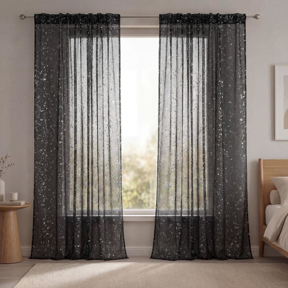 Horaldaily 2Pcs Black Sheer Curtains 52x84in, Silver Sequin, Halloween thumbnail 4